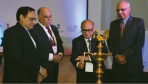Lighting a traditional lamp to start the conference are (from left) P K Malhotra, Secretary, Ministry of Law and Justice; M M Sharma, ICCA Executive Member; Lalit Bhasin, President, Society of Indian Law Firms; Ashok Sharma, Founder Pre