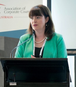 Carmel Mulhern, group general counsel at Telstra Corporation, speaks at the 2017 Victoria Corporate Counsel Day HKCCA members at the conference