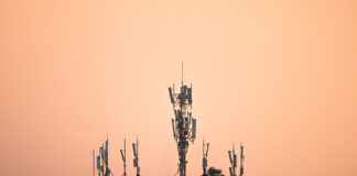 Telecommunications tower on top of the building