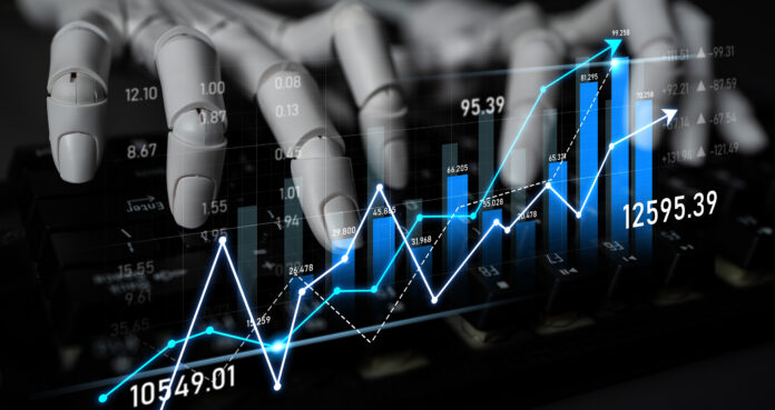 Robotic Hand Analyzing Stock Market Trends with Digital Graphs Showing Growth and Financial Data Overlaid on a Black Background Scalp