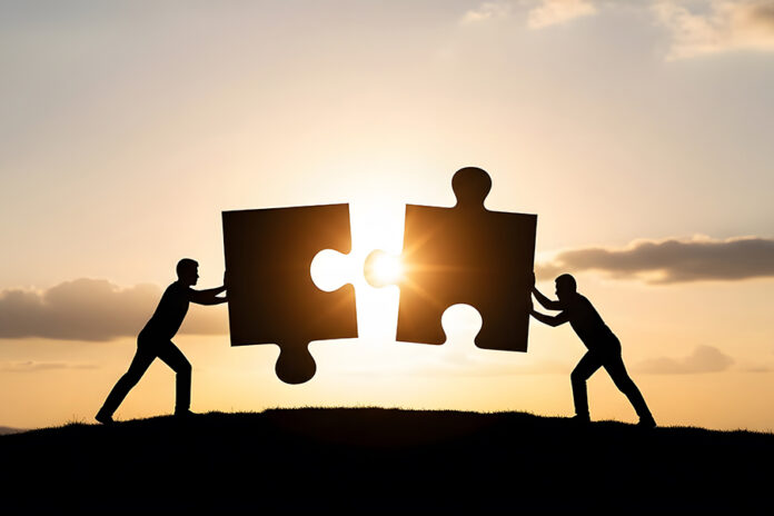 Business partnership and teamwork puzzle concept. Strategic coll D&A and Lin discussing law firm merger